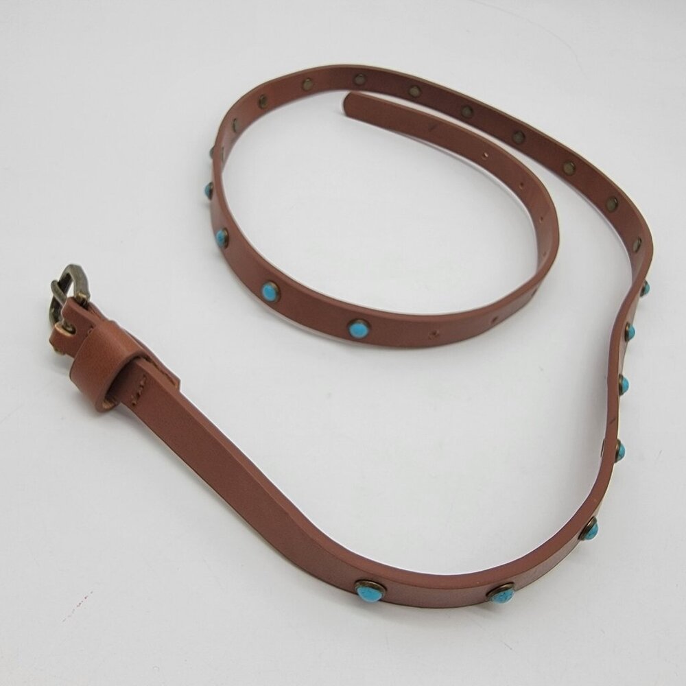 American Eagle Belt AEO Womens Brown Western Studded Skinny Belt Blue Stone